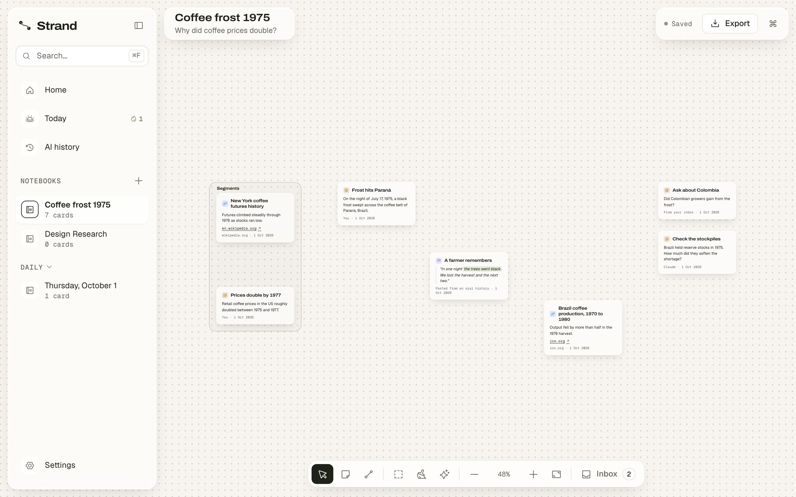 A Strand board about the 1975 coffee frost, with cards linked by labeled strings