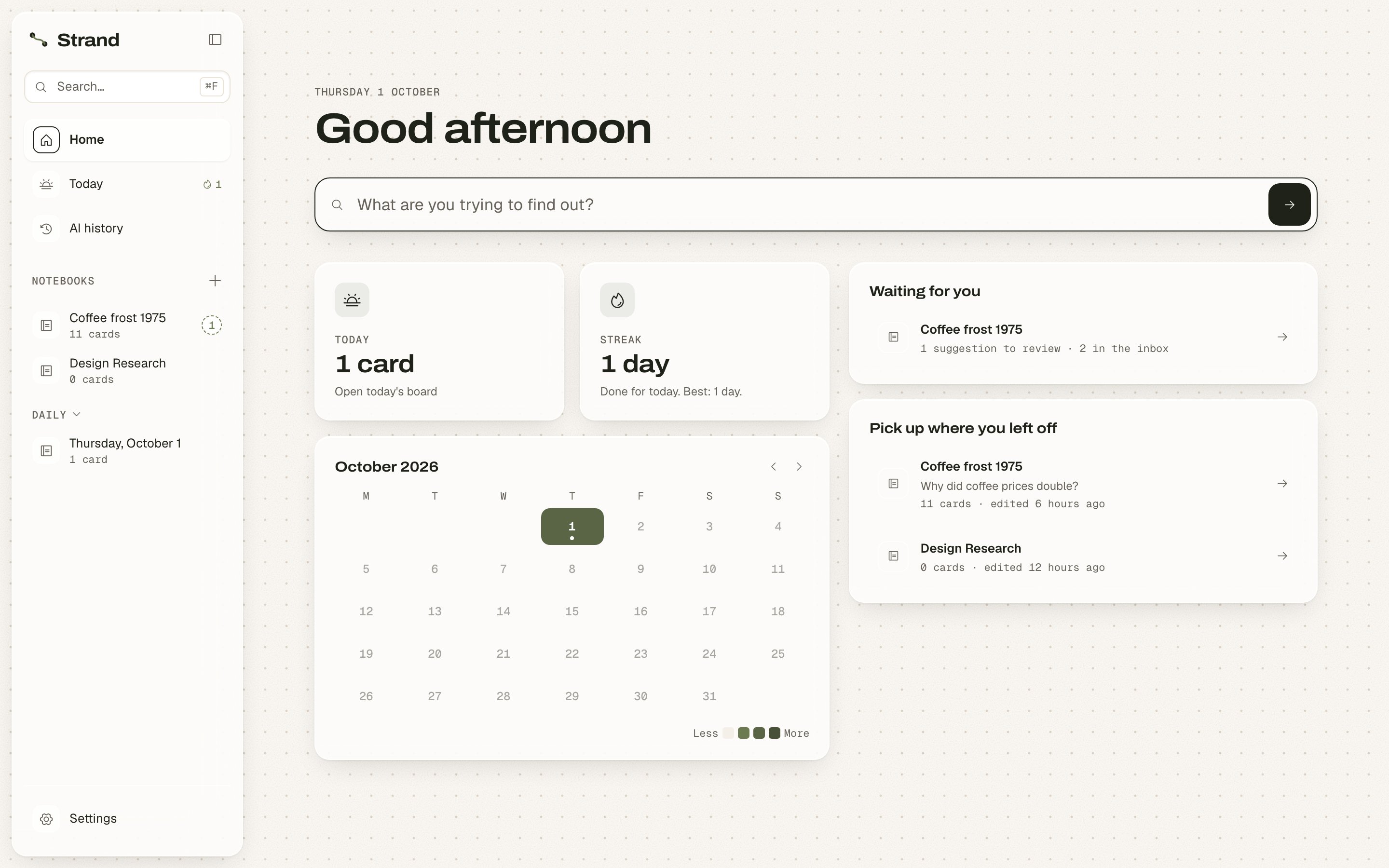 Strand Home: today’s cards, a streak and notebooks waiting for review